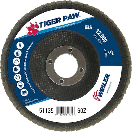 5 Tiger Paw Abrasive Flap Disc, Flat (TY27), 60Z, 7/8